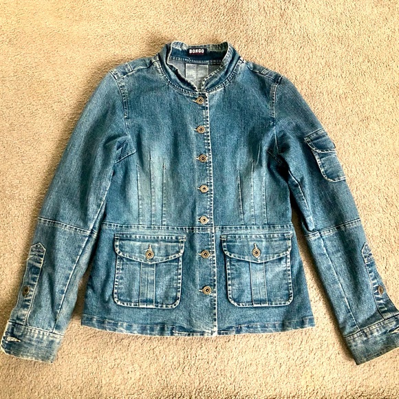 EUC Bongo womens l blue collarless denim jean jacket M 2000s Y2K 90s - Picture 1 of 2